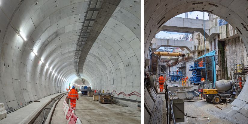 Two photos inside a major road tunnel currently being built